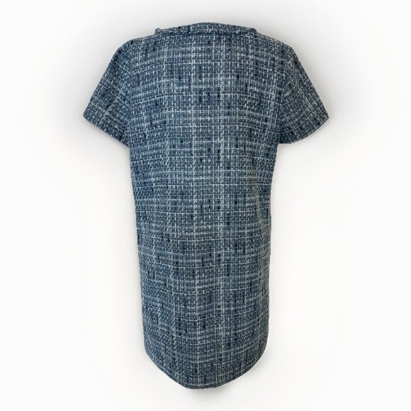 LOFT Womens Tweed Mini Pocket Dress 12 Blue Gold Buttons Fringe Old Money 60s - Picture 5 of 16